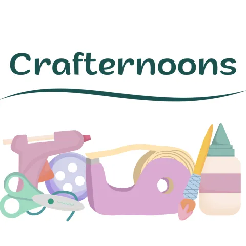 Craft supplies, including a glue gun, scissors, thread, button, tape, paintbrush, and glue bottle, with the text "Crafternoons" above.