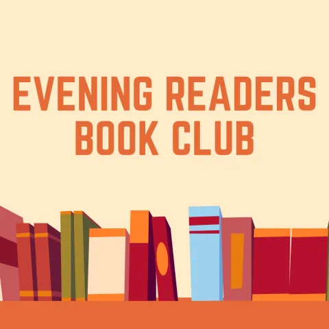 The image contains a row of colorful books on a light tan background. Orange text reads "Evening Readers Book Club"