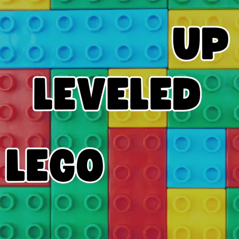 this image contains a background of lego bricks placed together and black text with a white outline that reads "LEGO Leveled Up"