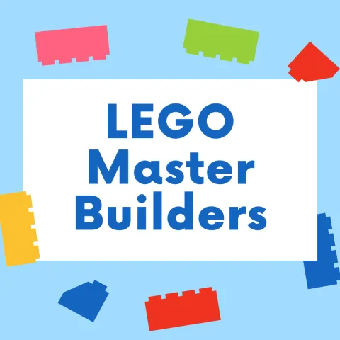 this image contains colorful lego bricks on a white background with a light blue border. Darker blue text reads "LEGO Master Builders"