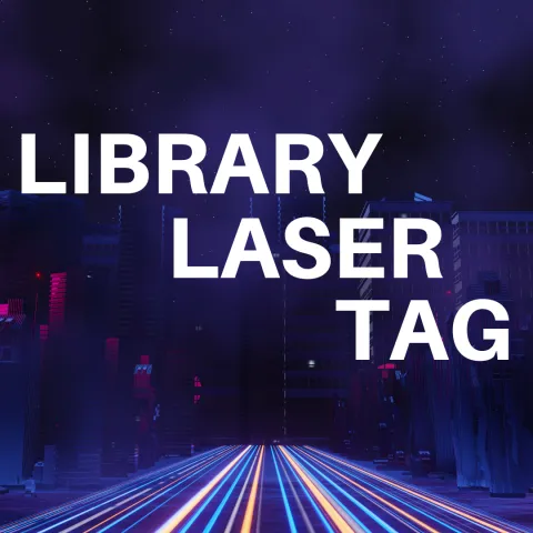 this image contains a dark purple background with a glowing road and white text that reads "Library Laser Tag"