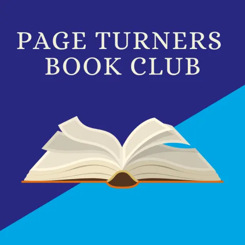 Picture of an open book graphic alongside the words Page Turners Book Club.