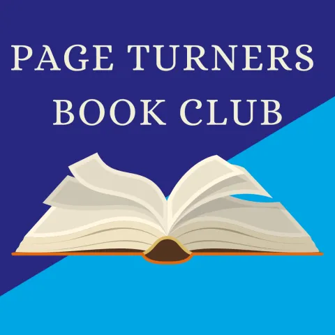 this image contains a purple background with a blue triangle in the bottom right corner with an open book. White text reads "Page Turners Book Club"