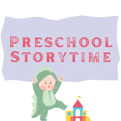 this image contains a lavender rectangular shape and a child in a dinosaur costume about to destroy a block city. Red text reads "preschool storytime"