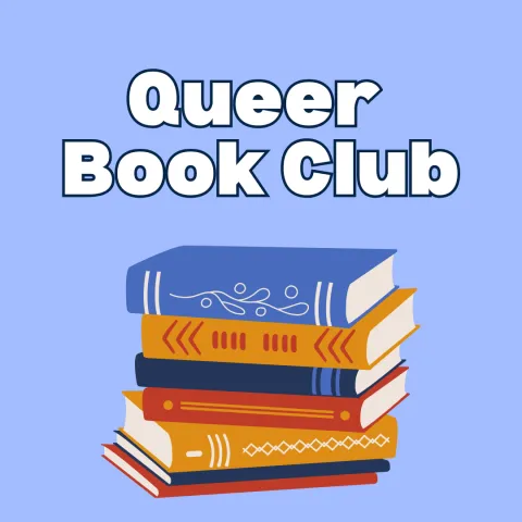 a light blue background with a colorful stack of books. White text with a blue outline reads "Queer Book Club"