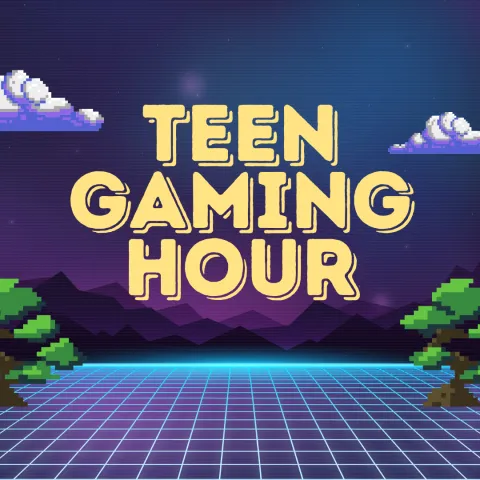 A dark purple background with pixelated trees and clouds. Yellow text reads "Teen Gaming Hour"