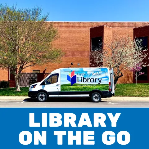 Library van in front of brick library building. Blue banner at the bottom with white text that reads "library on the go"