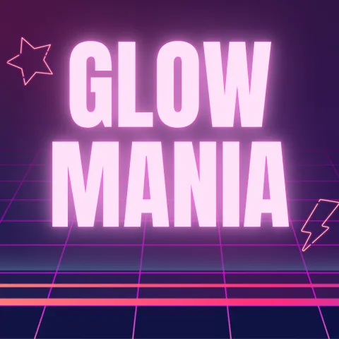 purple background with glowing elements pink glowing text "glow mania"