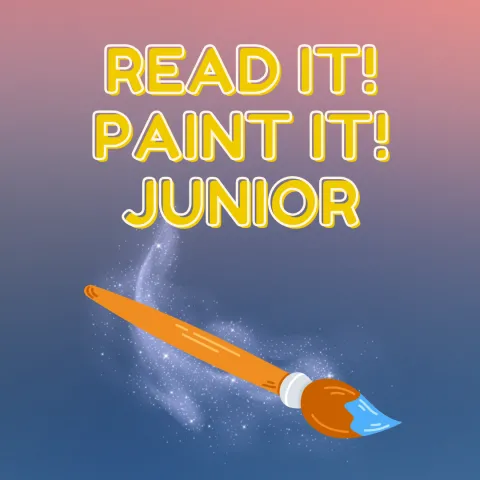 blue to pink background with yellow text "read it! Paint it! Junior and a paintbrush with blue paint