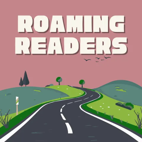 purple background, white text that reads "roaming readers" above a road going off into distant hills