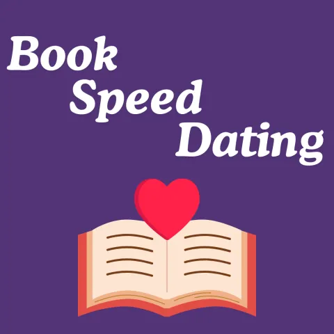 purple background with white staggered text "book speed dating" over open book with heart