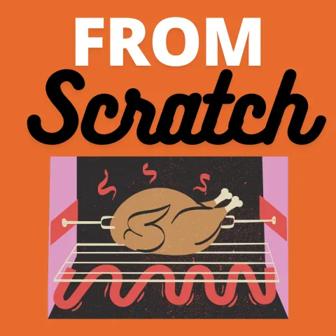 orange background with white and black text "from scratch" over over containing rotisserie chicken