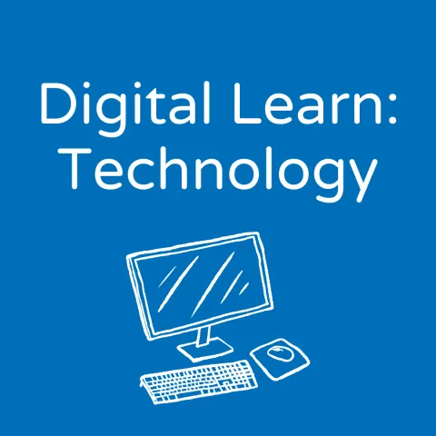 blue background with white computer outline, text says "digital learn: technology"