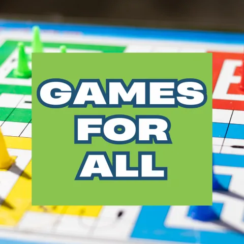 colorful boardgame photo as background, green rectangle with white text that reads "Games for All"