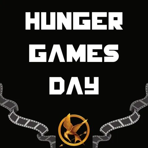 black background, hunger games symbol between two film strips. White text says "hunger games day"