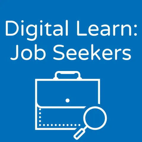 blue background, white graphic of briefcase and white text that reads "digital learn: job seekers"