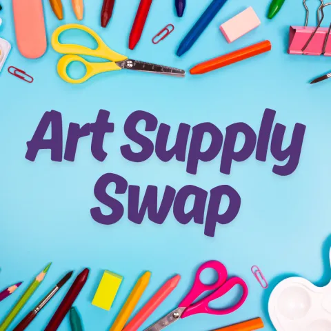 blue background covered with art supplies. Purple text says "Art supply swap"
