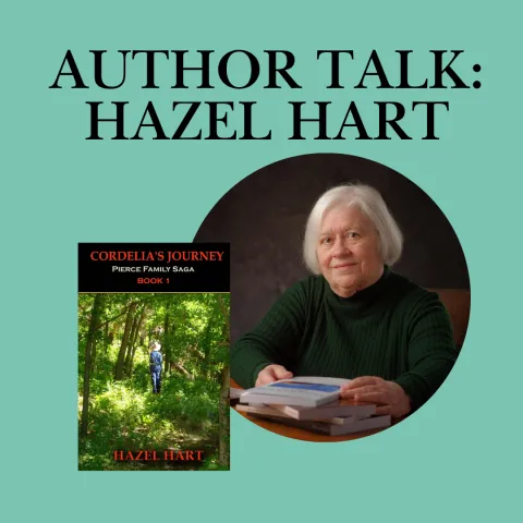teal background with black text "Author Talk: Hazel Hart" over picture of author and book cover