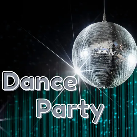 disco ball background with silver text that says "Dance Party"