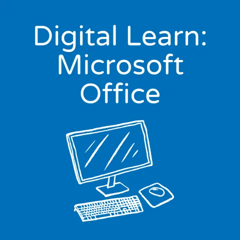 blue background with white text: Digital Learn: Microsoft Office and image of computer