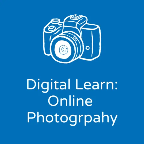 blue background with white text that reads "Digital Learn: Online Photography" below white camera image