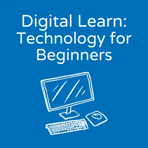 blue background with white text "Digital Learn: Technology for Beginners" over image of computer