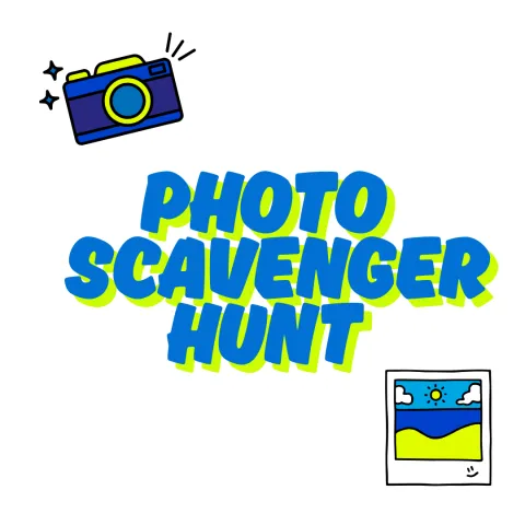blue and green text reads "Photo Scavenger Hunt" with images of camera and polaroid picture