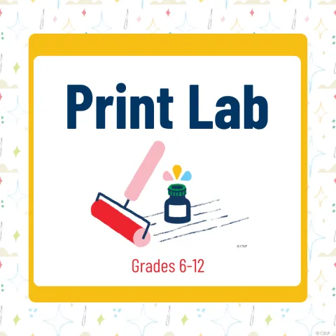 patterned background. White rectangle with yellow border. Blue text reads "Print Lab" above an ink roller and ink pot. Red text reads "Grades 6-12"