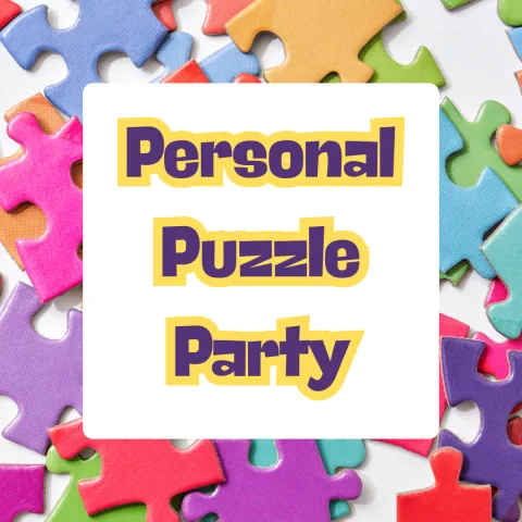 puzzle pieces background. White rectangle with purple txt reads "Personal Puzzle Party"