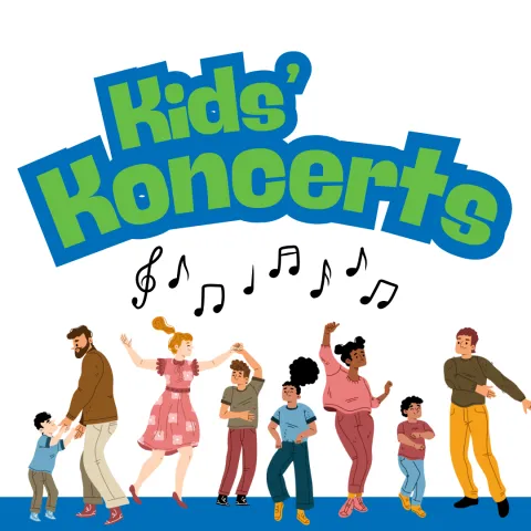 blue and green text reads "Kids' Koncerts" above families dancing