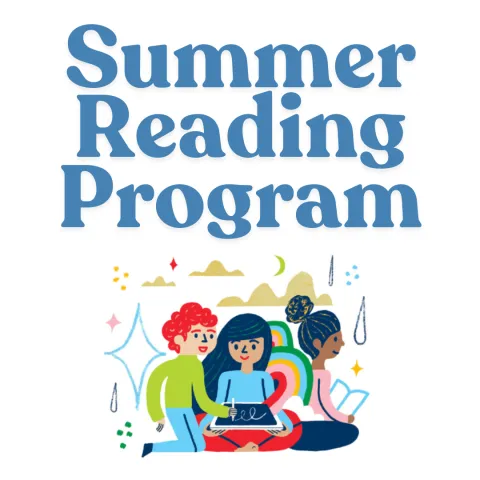 white background with blue text that says "Summer Reading Program" above an image of children reading.