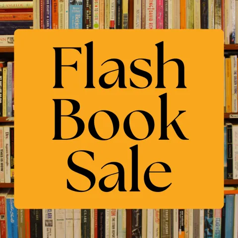 Bookshelf background behind gold square with black text that reads "Flash Book Sale"
