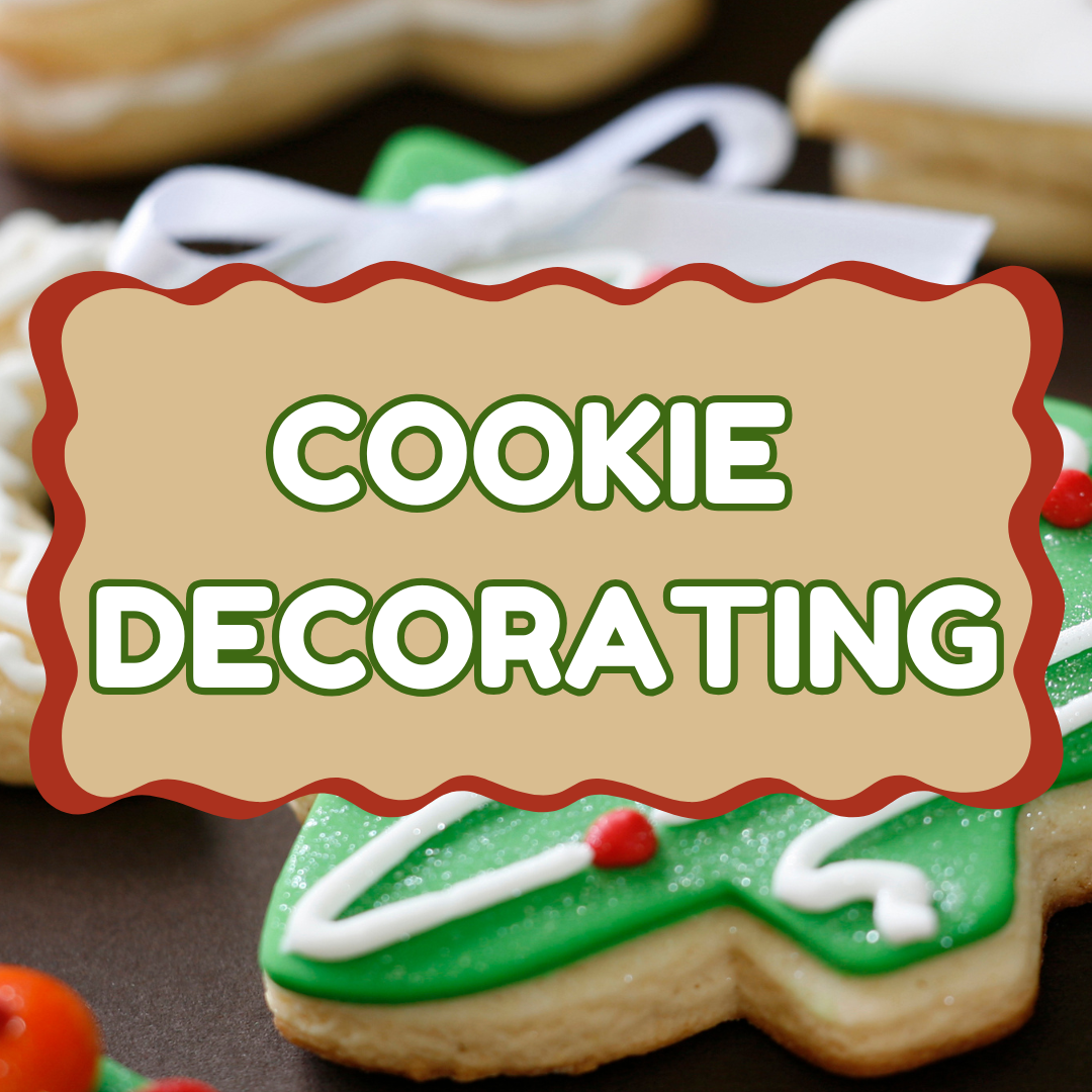 holiday cookies behind a brown rectangle edged in red. Text reads "cookie decorating"