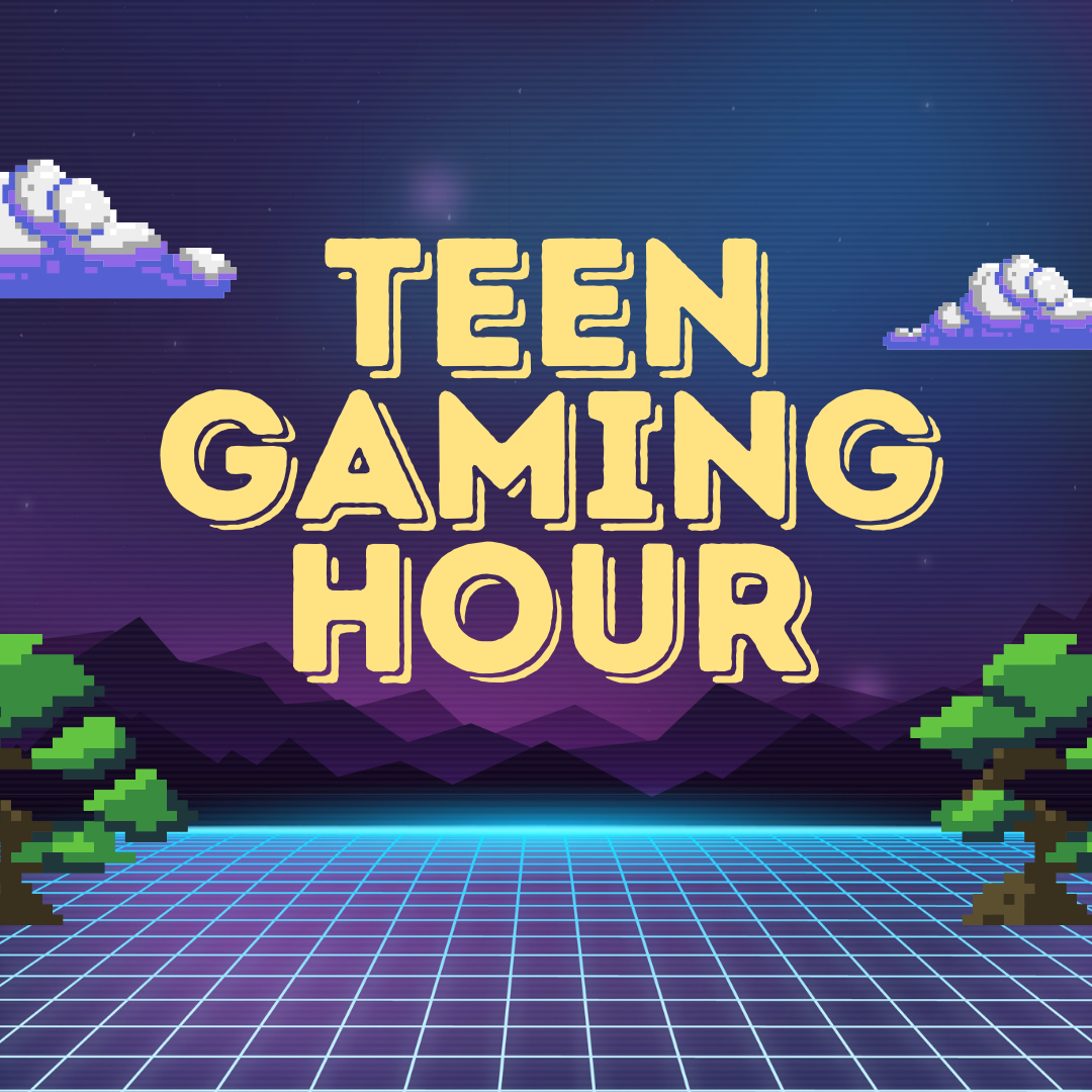 A dark purple background with pixelated trees and clouds. Yellow text reads "Teen Gaming Hour"