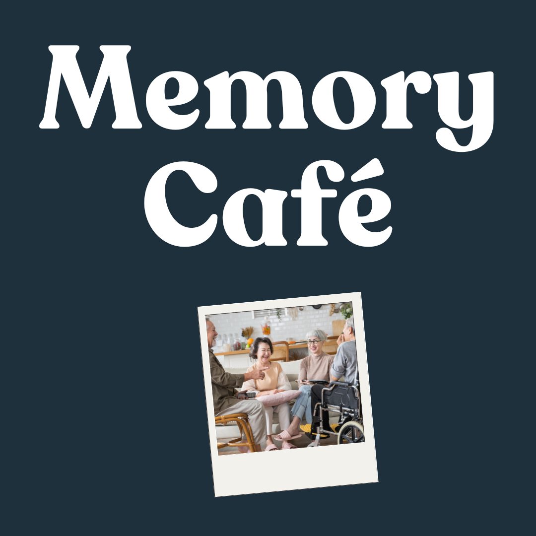 navy background with white text "memory cafe" above polaroid of seniors talking