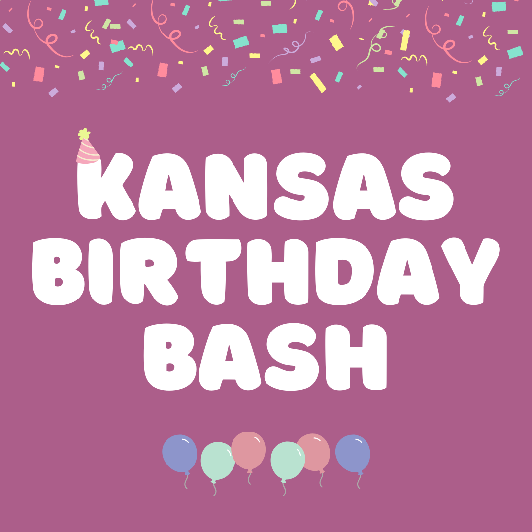 Purple background, white text "Kansas birthday bash". Confetti at top, balloons at bottom.