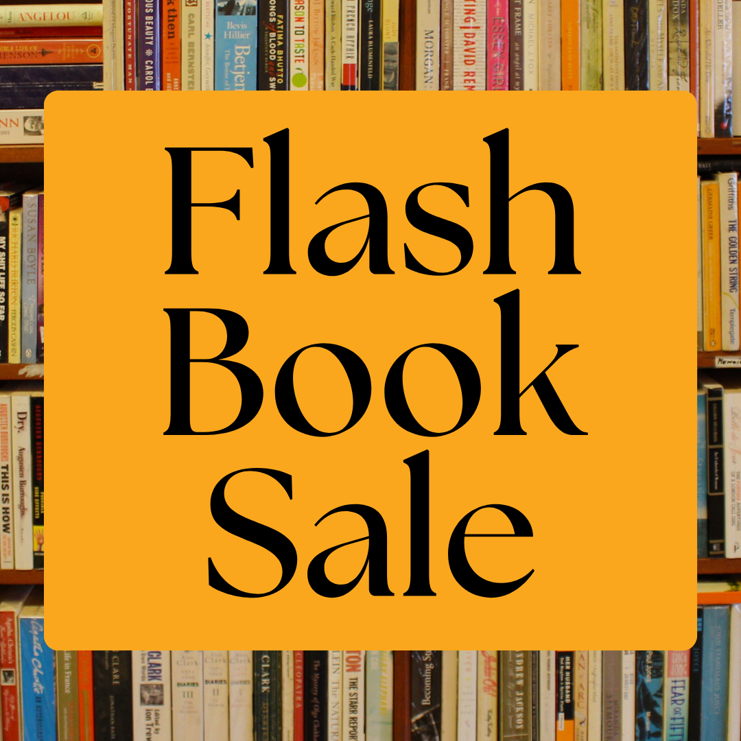 bookshelves background, yellow square with black text that reads "flash book sale"