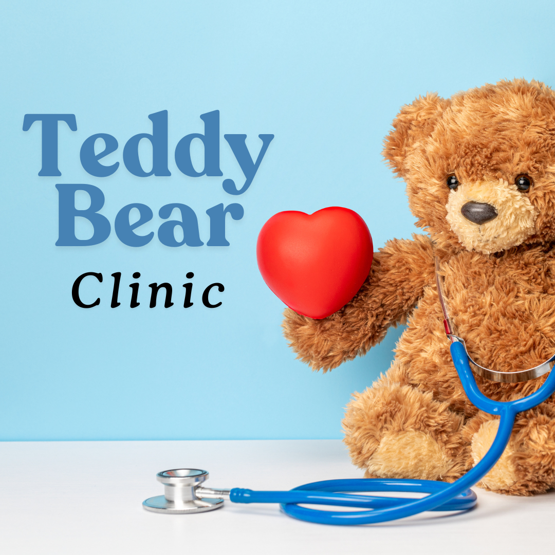 teddy bear with heart and stethescope. Text reads "teddy bear clinic"